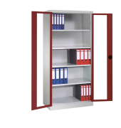 Stahlschrank 8921-055 S10373 lichtgrau, rubinrot, Acrylglas 93,0 x 50,0 x 195,0 cm, aufgebaut